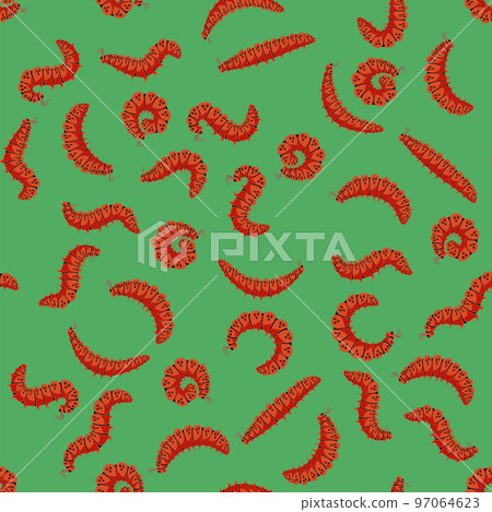 Red Cartoon Caterpillars Seamless Pattern Isolated on Green Background. Cute Summer Insects. Small Maggot Move. Butterfly Life Cycle 97064623