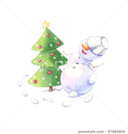 Postcard with a dancing snowman and a Christmas tree. Watercolor illustration. Postcard with a dancing snowman and a Christmas tree. Watercolor illustration. 97064804