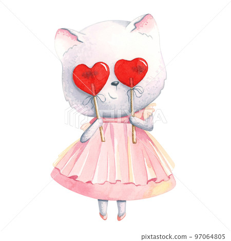 A cute, watercolor cat looks through the lollipops in the form of hearts. A cute, watercolor cat looks through the lollipops in the form of hearts. 97064805