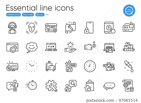 Support, Inspect and Luggage trolley line icons. Collection of Settings blueprint, Search employee, Smile icons. Timer, Clock, Favorite web elements. Spanner, Time, Dots message. Vector 97065514