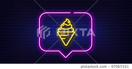 Neon light speech bubble. Ice cream line icon. Dessert food sign. Frozen gelato symbol. Neon light background. Ice cream glow line. Brick wall banner. Vector 97065581