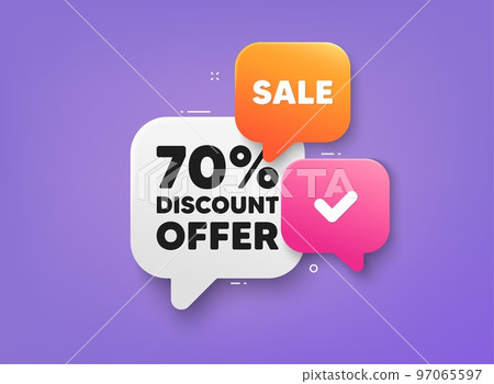 70 percent discount tag. 3d bubble chat banner. Discount offer coupon. Sale offer price sign. Special offer symbol. Discount adhesive tag. Promo banner. Vector 97065597