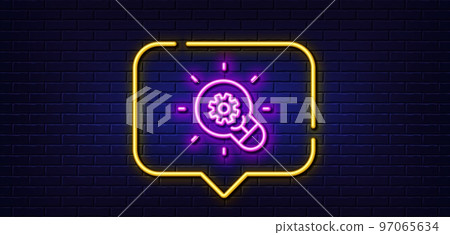 Neon light speech bubble. Innovation line icon. Light bulb with cog sign. Working process symbol. Neon light background. Innovation glow line. Brick wall banner. Vector 97065634