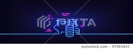 Neon light glow effect. Piggy bank line icon. Coins money sign. Business savings symbol. 3d line neon glow icon. Brick wall banner. Piggy bank outline. Vector Neon light glow effect. Piggy bank line icon. Coins money sign. Business savings symbol. 3d line neon glow icon. Brick wall banner. Piggy bank outline. Vector 97065641