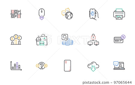 Smartphone cover, Parking place and Scroll down line icons for website, printing. Collection of Cloud download, Currency rate, Lock icons. Friends chat, World communication. Vector Smartphone cover, Parking place and Scroll down line icons for website, printing. Collection of Cloud download, Currency rate, Lock icons. Friends chat, World communication. Vector 97065644