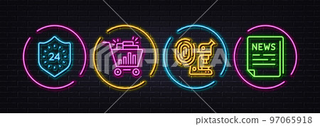 Fingerprint research, Seo shopping and 24 hours minimal line icons. Neon laser 3d lights. Fake news icons. For web, application, printing. Lab microscope, Analytics, Protection. Vector Fingerprint research, Seo shopping and 24 hours minimal line icons. Neon laser 3d lights. Fake news icons. For web, application, printing. Lab microscope, Analytics, Protection. Vector 97065918
