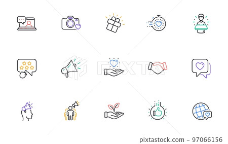 Brand ambassador line icons. Influence people, Megaphone and Representative. Handshake, influencer marketing person, ambassador person icons. Linear set. Bicolor outline web elements. Vector 97066156