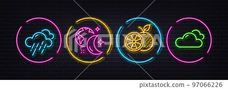 Orange, Rainy weather and Sleep minimal line icons. Neon laser 3d lights. Cloudy weather icons. For web, application, printing. Fresh fruit, Rain, World and moon. Sky climate. Vector Orange, Rainy weather and Sleep minimal line icons. Neon laser 3d lights. Cloudy weather icons. For web, application, printing. Fresh fruit, Rain, World and moon. Sky climate. Vector 97066226