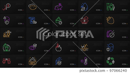 Set of Social distancing, Anti-dandruff flakes and Face protection line icons. Include Water drop, Strawberry, Potato icons. Sun cream, Vaccine protection, Weather thermometer web elements. Vector 97066240