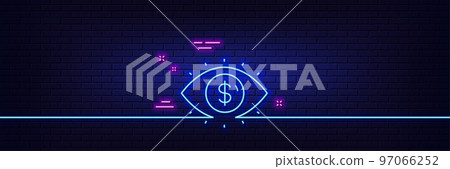 Neon light glow effect. Business vision accounting line icon. Financial eye sign. Money investment symbol. 3d line neon glow icon. Brick wall banner. Business vision outline. Vector 97066252