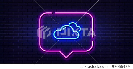 Neon light speech bubble. Cloudy weather line icon. Clouds sign. Sky symbol. Neon light background. Cloudy weather glow line. Brick wall banner. Vector 97066429