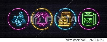 Notification bell, Teamwork and Mobile inventory minimal line icons. Neon laser 3d lights. Toilet paper icons. For web, application, printing. Notice bell, Remote work, Warehouse app. Vector 97066452