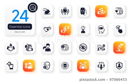 Set of People flat icons. Cyber attack, Touchscreen gesture and Wash hands elements for web application. Click hands, Lawyer, Weariness icons. Dont handshake, Not looking. Vector 97066453