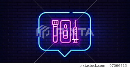 Neon light speech bubble. Vaccine syringe line icon. Coronavirus Blood and Saliva test sign. Vaccination symbol. Neon light background. Blood and Saliva test glow line. Brick wall banner. Vector 97066513