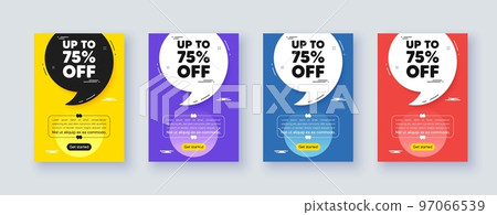 Poster frame with quote, comma. Up to 75 percent off sale. Discount offer price sign. Special offer symbol. Save 75 percentages. Quotation offer bubble. Discount tag message. Vector 97066539