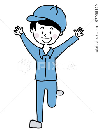 A man in work clothes who is delighted with his arms raised. A man in work clothes who is delighted with his arms raised. 97066590