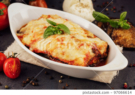 Delicious eggplant lasagna in baking dish Delicious eggplant lasagna in baking dish 97066614