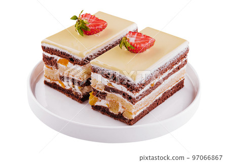 two pieces multi-layered cocoa sponge cake two pieces multi-layered cocoa sponge cake 97066867