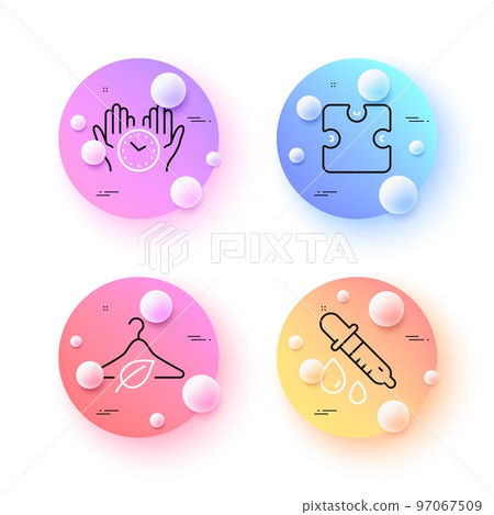 Chemistry pipette, Puzzle and Safe time minimal line icons. 3d spheres or balls buttons. Slow fashion icons. For web, application, printing. Laboratory, Puzzle piece, Hold clock. Eco tested. Vector Chemistry pipette, Puzzle and Safe time minimal line icons. 3d spheres or balls buttons. Slow fashion icons. For web, application, printing. Laboratory, Puzzle piece, Hold clock. Eco tested. Vector 97067509
