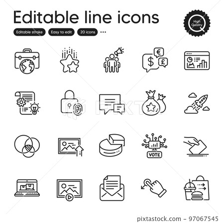 Set of Technology outline icons. Contains icons as Cogwheel, Pie chart and Comment elements. Online voting, Startup rocket, Web inventory web signs. Fingerprint lock, Upload photo. Vector 97067545