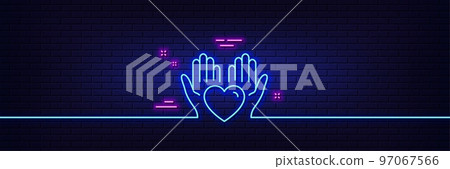 Neon light glow effect. Hold heart line icon. Care love emotion sign. Valentine day symbol. 3d line neon glow icon. Brick wall banner. Hold heart outline. Vector 97067566