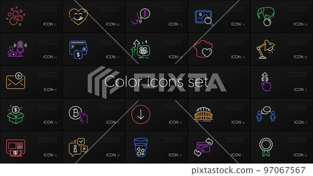 Set of Sports stadium, Atm and Refresh website line icons. Include Post package, Love cooking, Stress grows icons. Clean bubbles, Ice tea, Reward web elements. Info, Yummy smile, Wallet. Vector 97067567