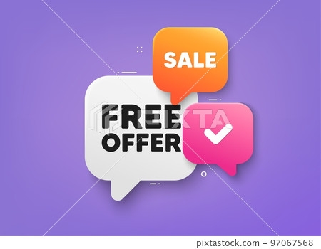 Free offer tag. 3d bubble chat banner. Discount offer coupon. Special offer sign. Sale promotion symbol. Free offer adhesive tag. Promo banner. Vector 97067568