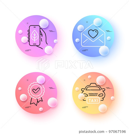 Taxi, Approved award and Ecology app minimal line icons. 3d spheres or balls buttons. Love letter icons. For web, application, printing. Public transfer, Verification, Smartphone with leaf. Vector Taxi, Approved award and Ecology app minimal line icons. 3d spheres or balls buttons. Love letter icons. For web, application, printing. Public transfer, Verification, Smartphone with leaf. Vector 97067596