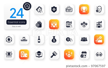 Set of Business flat icons. Wallet money, Group and Travel passport elements for web application. Cyber attack, Bitcoin pay, Idea icons. Takeaway coffee, Uv protection, Uv protection elements. Vector 97067597