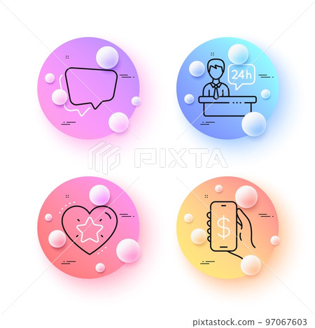 Ranking star, Speech bubble and Reception desk minimal line icons. 3d spheres or balls buttons. Money app icons. For web, application, printing. Love rank, Chat message, Hotel service. Vector Ranking star, Speech bubble and Reception desk minimal line icons. 3d spheres or balls buttons. Money app icons. For web, application, printing. Love rank, Chat message, Hotel service. Vector 97067603