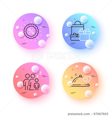 Sleep, Romantic dinner and Discount minimal line icons. 3d spheres or balls buttons. Shopping icons. For web, application, printing. Sleeping family, Restaurant food, Sale. Holiday packages. Vector Sleep, Romantic dinner and Discount minimal line icons. 3d spheres or balls buttons. Shopping icons. For web, application, printing. Sleeping family, Restaurant food, Sale. Holiday packages. Vector 97067605