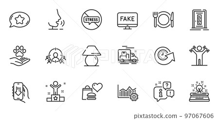 Outline set of Download app, Winner and Stop stress line icons for web application. Talk, information, delivery truck outline icon. Vector 97067606