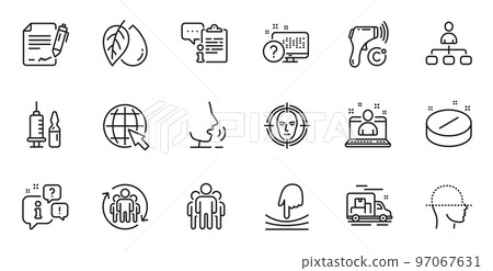 Outline set of Internet, Teamwork and Best manager line icons for web application. Talk, information, delivery truck outline icon. Include Online quiz, Medical tablet, Mineral oil icons. Vector 97067631