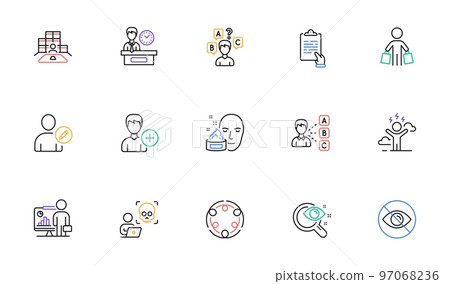 Cyber attack, Presentation time and Edit user line icons for website, printing. Collection of Buyer, Vision test, Teacher icons. Quiz test, Face cream, Inventory web elements. Inclusion. Vector 97068236