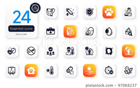 Set of Healthcare flat icons. Electronic thermometer, Vaccine protection and Capsule pill elements for web application. Vision board, Leaves, First aid icons. Shield, Quarantine. Vector Set of Healthcare flat icons. Electronic thermometer, Vaccine protection and Capsule pill elements for web application. Vision board, Leaves, First aid icons. Shield, Quarantine. Vector 97068237