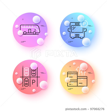 Wholesale goods, Parking place and Bus parking minimal line icons. 3d spheres or balls buttons. Bus tour icons. For web, application, printing. Warehouse inventory, Transport, Public park. Vector 97068276