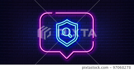 Neon light speech bubble. Inspect line icon. Quality research sign. Verification shield symbol. Neon light background. Inspect glow line. Brick wall banner. Vector 97068278