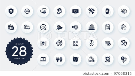Set of Technology icons, such as Talk bubble, 24h service and Settings gear flat icons. Typewriter, Electronic thermometer, Loan percent web elements. Computer cables, Locked app. Vector Set of Technology icons, such as Talk bubble, 24h service and Settings gear flat icons. Typewriter, Electronic thermometer, Loan percent web elements. Computer cables, Locked app. Vector 97068315