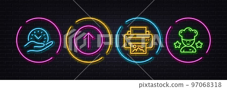 Print image, Safe time and Swipe up minimal line icons. Neon laser 3d lights. Best chef icons. For web, application, printing. Printer, Management, Scroll screen. Ranking stars. Vector Print image, Safe time and Swipe up minimal line icons. Neon laser 3d lights. Best chef icons. For web, application, printing. Printer, Management, Scroll screen. Ranking stars. Vector 97068318