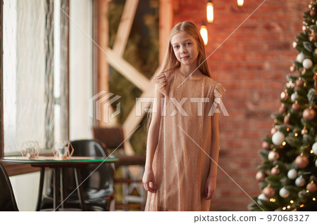 pretty girl standing by the Christmas tree. pretty girl standing by the Christmas tree. 97068327