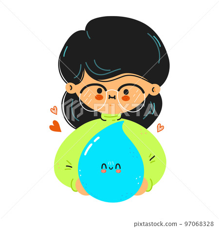 Young cute funny woman hold water drop in hand. Girl hugs cute water drop. Vector hand drawn doodle style cartoon character illustration icon design. Isolated on white background Young cute funny woman hold water drop in hand. Girl hugs cute water drop. Vector hand drawn doodle style cartoon character illustration icon design. Isolated on white background 97068328
