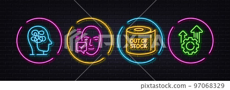 Face accepted, Toilet paper and Stress minimal line icons. Neon laser 3d lights. Seo gear icons. For web, application, printing. Access granted, Tissue roll, Mind anxiety. Cogwheel. Vector Face accepted, Toilet paper and Stress minimal line icons. Neon laser 3d lights. Seo gear icons. For web, application, printing. Access granted, Tissue roll, Mind anxiety. Cogwheel. Vector 97068329