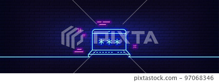 Neon light glow effect. Laptop password line icon. Cyber defence sign. Computer protection symbol. 3d line neon glow icon. Brick wall banner. Laptop password outline. Vector 97068346