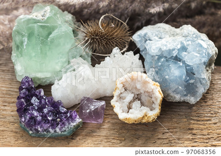 Stones and minerals set up for healing therapy Stones and minerals set up for healing therapy 97068356