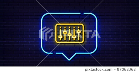 Neon light speech bubble. DJ controller line icon. Music sound sign. Musical device symbol. Neon light background. DJ controller glow line. Brick wall banner. Vector 97068368