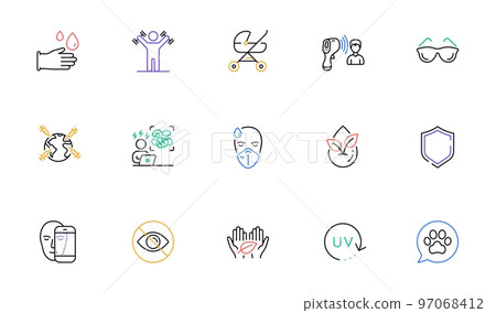 Organic product, Face biometrics and Difficult stress line icons for website, printing. Collection of World vaccination, Electronic thermometer, Rubber gloves icons. Shield, Fair trade. Vector 97068412