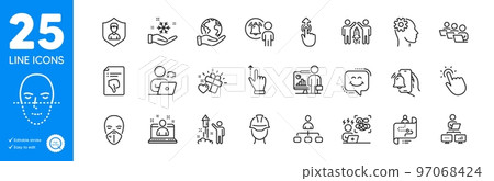 Outline icons set. Difficult stress, Video conference and Work home icons. Teamwork, Alarm clock, Face recognition web elements. Fireworks, Touchscreen gesture, Freezing signs. Vector 97068424