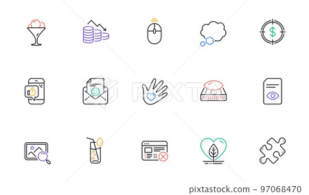 Swipe up, View document and Local grown line icons for website, printing. Collection of Puzzle, Dollar target, Mattress icons. Ice cream, Mobile like, Money loss web elements. Vector 97068470