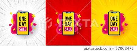 One day sale banner. Flash offer banner, coupon or poster. Discount sticker shape. Special offer phone icon. One day promo banner. Retail marketing flyer. Starburst pop art. Vector One day sale banner. Flash offer banner, coupon or poster. Discount sticker shape. Special offer phone icon. One day promo banner. Retail marketing flyer. Starburst pop art. Vector 97068472