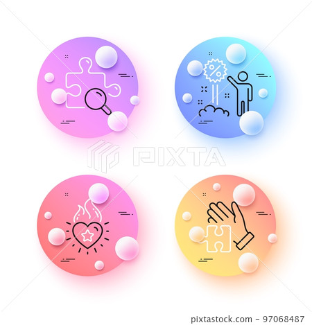 Search puzzle, Puzzle and Discount minimal line icons. 3d spheres or balls buttons. Heart flame icons. For web, application, printing. Jigsaw game, Sale shopping, Love fire. Vector Search puzzle, Puzzle and Discount minimal line icons. 3d spheres or balls buttons. Heart flame icons. For web, application, printing. Jigsaw game, Sale shopping, Love fire. Vector 97068487